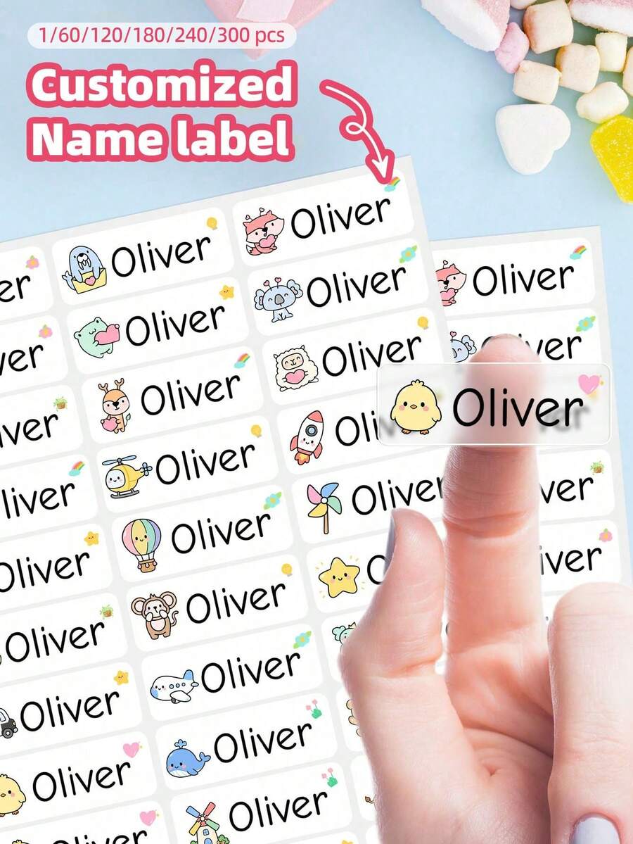 1/60/120/180/240/300pcs Waterproof Vinyl Name Labels, Fashionable Customizable Self-Adhesive Stickers, No-Iron Identity Labels, Suitable For Personal Items, College Dorm, Sports Equipment, Lunch Boxes, Water Bottles, Gym Bags, Travel And Home Organization Multi-Purpose Gift Set - Multicolor - View 1