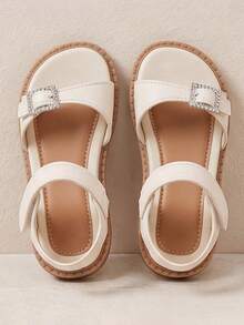 Hot New Arrival - 3-12 Years Old Girls Lightweight White Sandals. Square Rhinestone Buckle. Hook And Loop Design. Transparent Elegant Style. - Beige - View 4