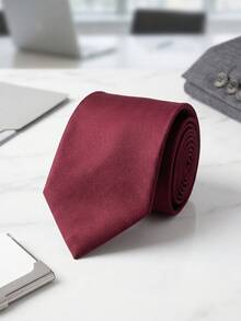 1pc Fine Twill Burgundy Tie For Men, Formal Dress, Daily Commute, Minimalist Solid Color - Burgundy - View 2