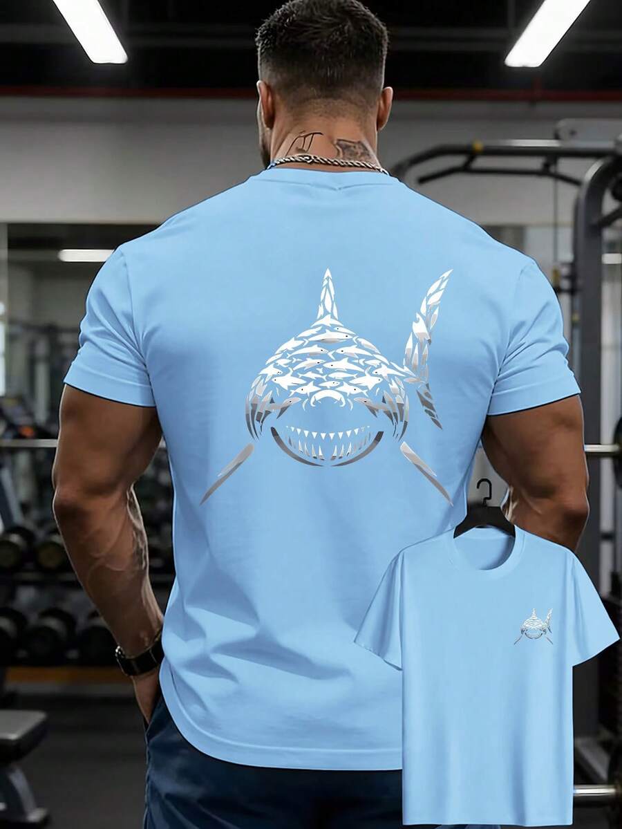 Men'S Casual T-Shirt With Double-Sided Front And Back Pattern Printing, Comfortable And Breathable, Creative Fish Group Forming Shark Print Marine Lif - 黑色的 - 查看 1