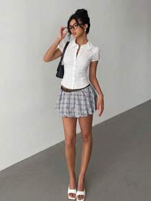 Women's Elegant Casual Solid Color Waist-Defining White Collar Regular Length Short Puff Sleeve Button Front Polyester Shirt, Versatile For Summer Commute - White - View 2