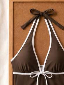 New Summer Fresh Sweet Cute Style Brown & White Colorblock Polka Dot Halter Neck Bikini Set With Shorts For Beach Vacation Casual - Multicolor - View 5