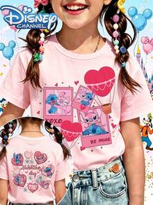 Camiseta Disney 100% algodón puro de manga corta rosa, estilo Disney adorable, camiseta para mujer, Stitch y Lilo con corazones y motivo "Be Mine", Día de San Valentín, para niñas y mujeres, regalo para niños y fans de Disney - Rosa - Ver 1
