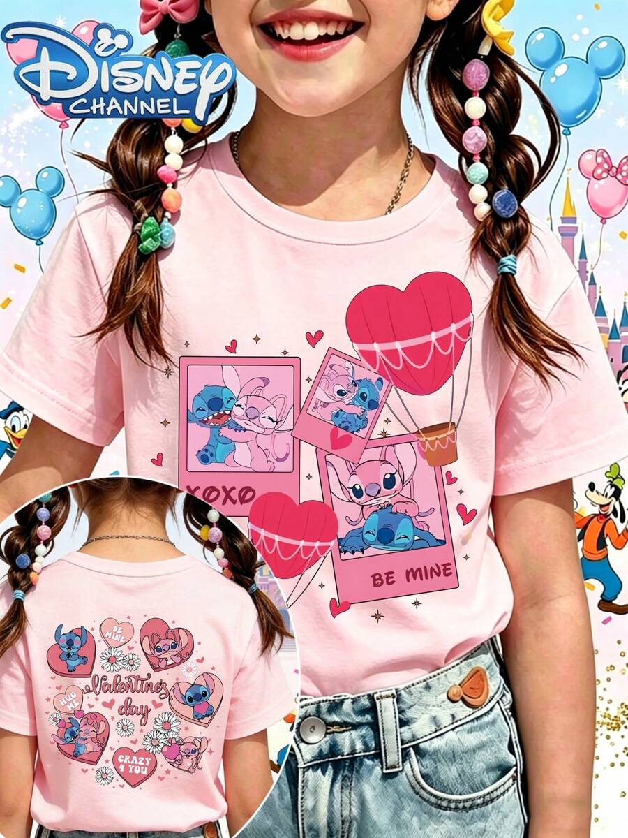 Camiseta Disney 100% algodón puro de manga corta rosa, estilo Disney adorable, camiseta para mujer, Stitch y Lilo con corazones y motivo "Be Mine", Día de San Valentín, para niñas y mujeres, regalo para niños y fans de Disney - Rosa - Ver 1