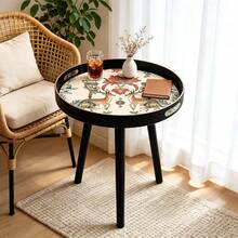 Mesa lateral redonda pequeña y moderna, mesa con bandeja decorativa con estampado de leopardo de la selva y patrón de ciervo, bandeja multifuncional para tocador y servicio, mesa lateral para otomana, mesa de café, cocina, baño, sala de estar, decoración del hogar - Negro - Ver 6