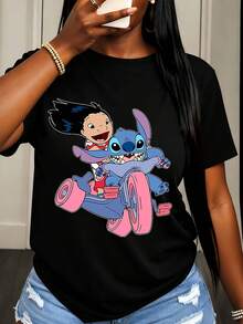 Disney Lilo And Stitch Riding Go Kart Print T Shirt Women Casual Summer Fashion Streetwear Style - Black - View 1