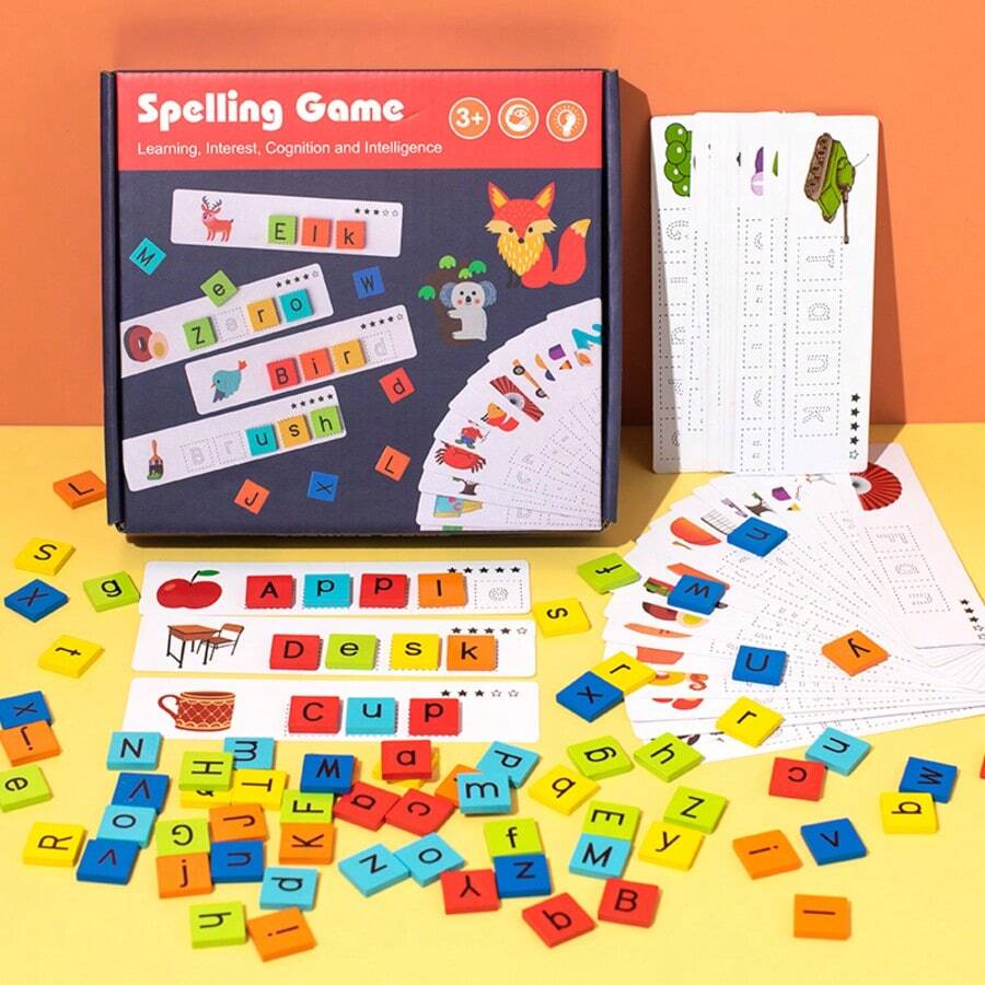 1 Set Wooden Letter Spelling Board Game, Picture-To-Word English Literacy Learning Toy For Toddlers, Letter Matching Hand-Eye Coordination Training Educational Tool - Multicolor - View 1