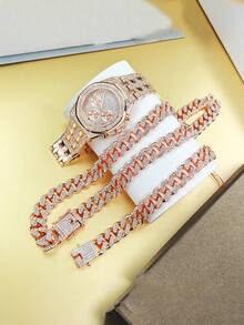 3pcs/Set European & American Hip Hop Cuban Bracelet Necklace Watch Gift Set Quartz Watch - 3pcs - View 2