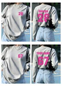 Customized Women's Long Sleeve T-Shirt, Logo, Name/Text/Lucky Number Can Be Printed On Front And Back. Black Loose Fit. Sports - Light Grey - View 2
