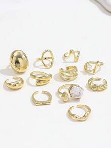 11pcs French Baroque Faux Pearl Layered Rings, Gold Lava Line Geometric Ring Set For Women - Gold - View 5