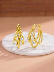 Luxury Sparkling Hoops, Three-Circle Zirconia S925 Silver Earrings With Gift Box For Party & Wedding - Multicolor - View 2