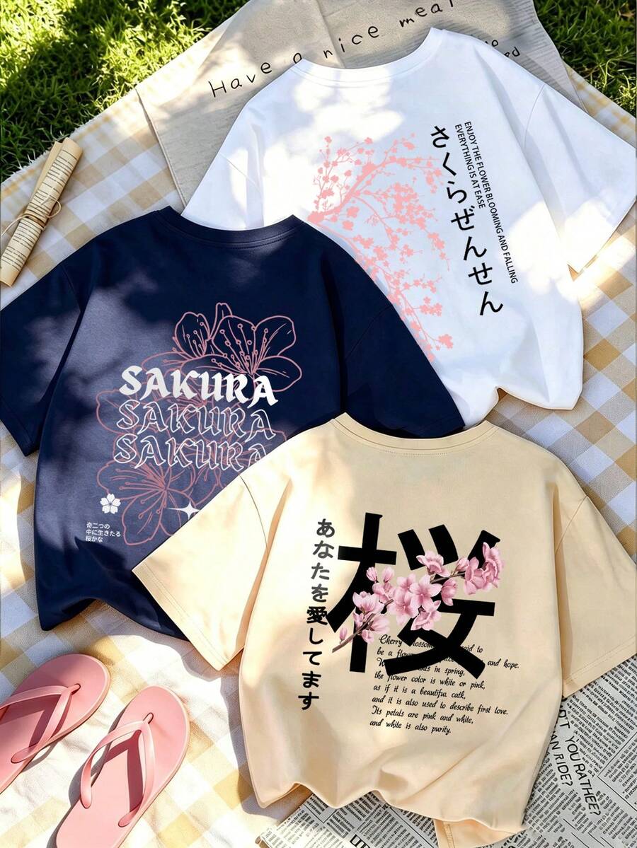 3件組東京櫻花花卉印花短袖T恤 女款新款極簡可愛圖案休閒度假風 寬鬆百搭圓領夏季上衣 - 彩色 - 查看 1