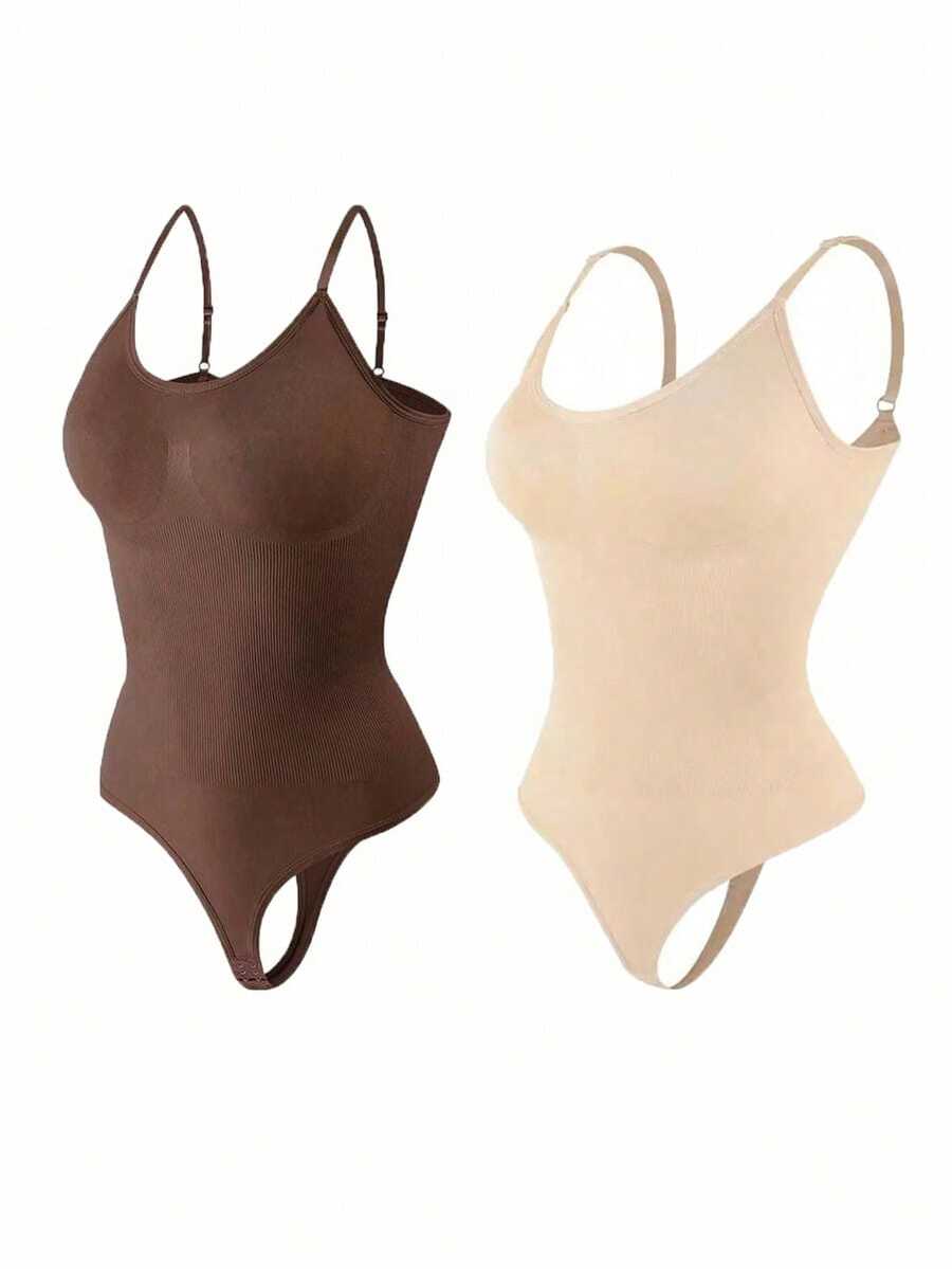 2 piezas Bodys de control de abdomen con tanga de cintura alta - Multicolor 3 - Ver 1