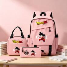 Miniso Juego de 3 piezas de mochila Dragon Ball Kid Goku en postura de lucha con bolsa de almuerzo & estuche para lápices, mochila escolar duradera y ligera - Rosa - Ver 2