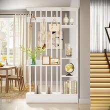 LITTLE TREE 71 Inch Freestanding Wood Room Divider, Modern Wall Partition With Open Shelves & Coat Hooks, Decorative Storage Bookcase For Home Office Entryway - White - View 9