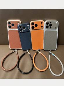 Fashion Lychee Leather Texture Large Window Phone Case Compatible With IPhone 17 Pro Max 17 Pro 16 Pro Max 15 14 Pro 13 12 Pro 17 Camera Protection Matte Soft Edge Shockproof Protective Cover With Portable Wrist Strap Lanyard - Khaki - View 5
