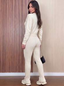 Women's Ribbed Knit Set: Long-Sleeved Blouse With Heart Details, High-Waisted Pants With Adjustable Drawstring, Casual, Autumn/Winter Knitwear. - 稻草 - 查看 3