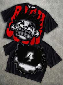 Manfinity Roghcode Men's Oversized Distressed Funny Diamond Teeth Tattoo Big Face Allover Print Cropped Loose T-Shirt (High Quality) - 黑3 - 查看 20