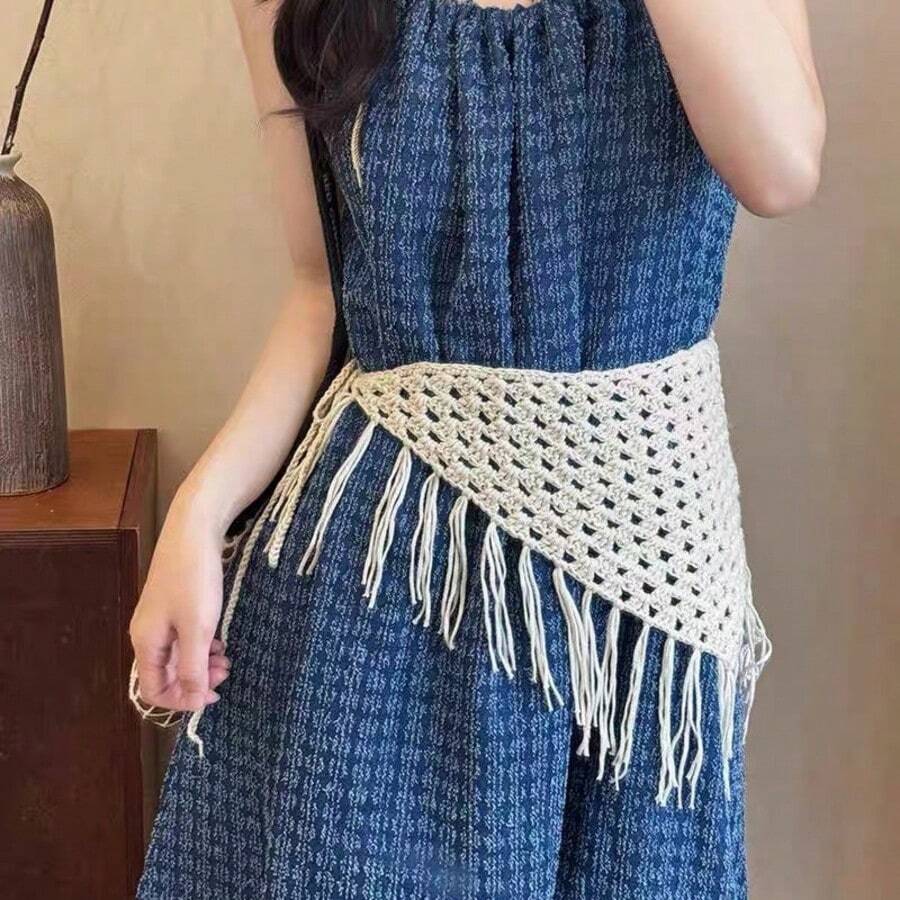 2/1pc Waist Accessories Belt Hand Woven Tassel Triangular Scarf Strap Fashionable And Versatile Fart Curtain Headscarf For Women - Multicolor - View 1