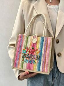 "Best Teacher" Floral Letter Print Linen Tote Bag, Reusable Printed Shopping Bag, Suitable For Commuting And Back To School - Multicolor - View 13