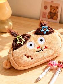 3pcs Cute Face Plush Zipper Pencil Case Set, With 2 Random Color Neutral Pens, Soft Pencil Pouch, Creative School Office Stationery, Back To School - Multicolor - View 4