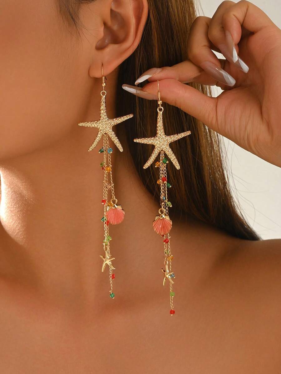 1 Pair Summer Beach Vacation Style Starfish With Colorful Rhinestone Oil-Drip Shell Tassel Earrings, Fashionable Versatile Women's Ear Jewelry Suitable For Daily Wear And Beach Party Music Festival, Rhinestone Color Is Random - Multicolor - View 1