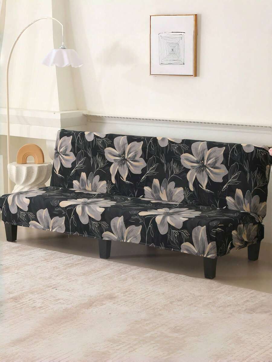 Armless Sofa Bed Cover, Elastic All Inclusive Polyester Fiber Sofa Cover, Knitted Milk Silk, Suitable For All Seasons - Black - View 1