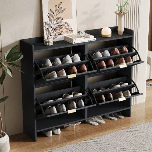 Modern Shoe Cabinet With 4 Drop-Down Compartments, Freestanding Shoe Rack, Open Shelves, Suitable For Entryway Or Hallway, Black, Dimensions: W110/H90/D24 Cm - View 1