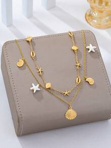2 piezas Cadena de cintura estilo bohemio de vacaciones serie océano con conchas, estrellas de mar y caracoles para mujeres - Amarillo Oro - Ver 2