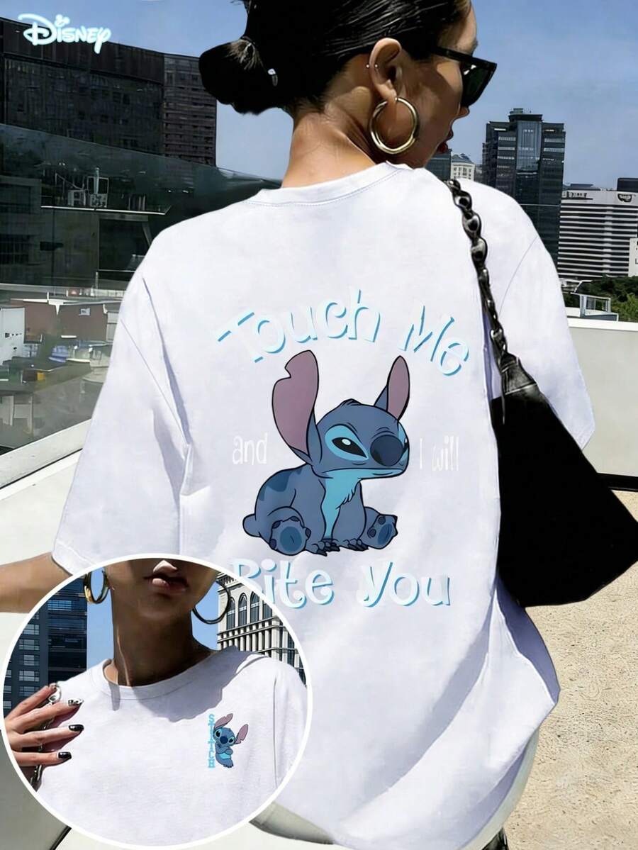 Disney Lilo & Stitch Touch Me Graphic Tee, Double-Sided Cartoon Print T-Shirt - 白色 - 查看 1