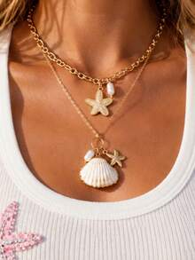 2pcs Beach Vacation Style Fashion Casual Bohemian Starfish Shell Faux Pearl Pendant Multi-Layer Stacked Necklace Set For Women, Daily Wear, Date, Party, Vacation, Travel, Gift For Girlfriend And Mom - Yellow Gold - View 1