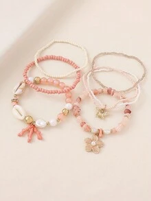 6pcs Bohemian Summer Vacation Style Creative Mix & Match Fashion Personalized Handmade Beaded Bracelet Set With Coral, Butterfly, Plumeria Charms, Layered, Multi-Strand, Elastic, Beaded, Suitable For Women, Bar, Party, Music Festival, Large Gathering, Perfect Gift For Friends And Family, All Seasons, Casual, Commute, Travel, Daily Wear - Flowers/Butterflies - View 4