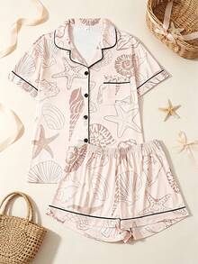 2pcs Set Women Pajama Set With Soft Pink Seashell Print, Short Sleeve Lapel Collar Button Front Top And Elastic Waist Shorts, Spring/Summer Homewear - 杏色 - 查看 10