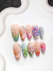 10pcs Summer Handmade Press-On Nails, Polygel Nail Art Set, 3D Carved, Striped, Water Drop, Polka Dot, Green Blue Pink Nail Polish, Vacation Style, Includes Nail Tools, 3 Sizes Available, Almond, Duck, Coffin Shape, Suitable For Party, Dancing, Daily Wear - 彩色 - 查看 20
