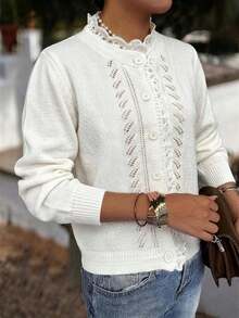 Women's Elegant Lace Patchwork Collar Knitted Cardigan, Suitable For Daily Commute, Casual And Holiday Wear, Autumn/Winter - Cream - View 4