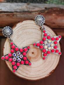 1 Pair American Western Style Rhinestone Heart & Star Earrings, Distressed Silver Vintage Stud Earrings, Niche Personalized Ear Jewelry - Earring - View 6