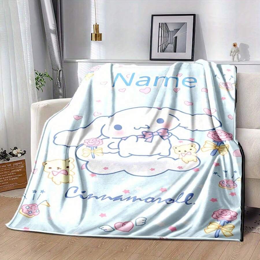 SANRIO 卡通雲朵 Cinnamoroll 客製化毯子，可印上您的名字，適合送給朋友和女朋友的禮物，280GSM 超柔軟客製化熱壓毯