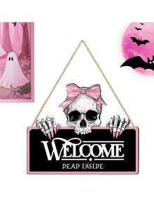 Pink Gothic Skull Welcome Sign, "Welcome Dead Inside" Text, Pink Skull Design, Suitable For Halloween Themed Parties, Halloween Surprise Party Decorations, Home Decor, Porch Decor, Haunted House Decor, Garden And Gothic Style Home Decor - One Size Fits All - View 2