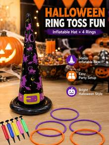 5pcs/1pc Dual-Use Inflatable Witch Hat Ring Toss Game, Wearable On Head And Ground Throwing, Includes 4 Colors Rings And Hand Pump, Halloween Party Classroom Group Game Supplies - Halloween Inflatable Witch Hat Ring Toss - View 2