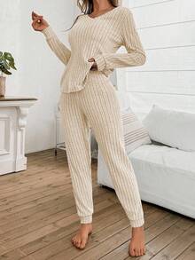 2件組女款V領袖口居家服套裝，適用於春、夏、秋季，優雅寬鬆圓領羅紋針織睡衣套裝，適合戶外穿著 - 杏色 - 查看 2