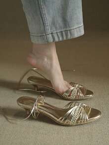 New Summer Woven Strap Open Toe High Heel Sandals,Kitten Heels - Gold - View 2