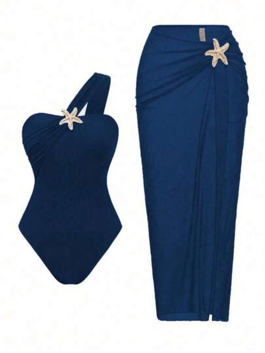 Conjunto de traje de baño de una pieza negro sexy con acento de estrella y falda para vacaciones en resort de playa de alta gama y moda de verano - Azul marino - Ver 1