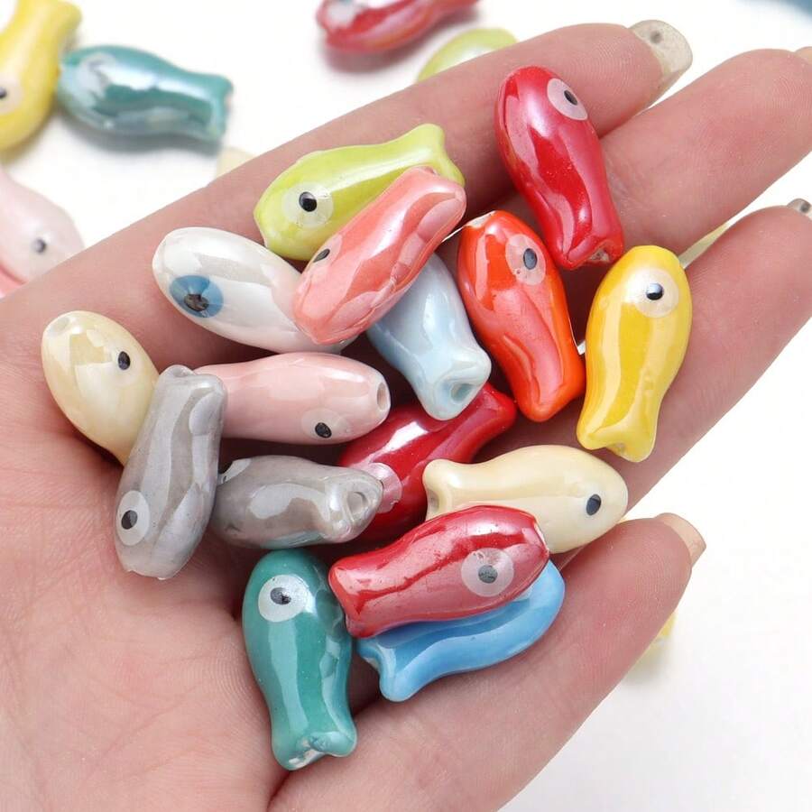 10件/包 陶瓷魚珠 10x20mm 雙面彩色波點魚珠，適用於手鍊、項鍊、DIY手機鍊、吊墜、鑰匙圈配件