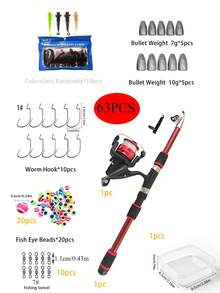 Set de pesca con señuelos y bolsa, equipado con caña de pescar, línea de pesca, señuelos y accesorios - Rojo - Ver 11