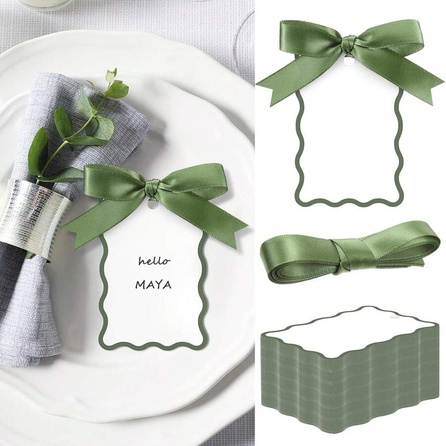 48pcs(Includes 24 Scalloped Bow Seat Cards And 24 Ribbons), Elegant Party Table Decor, Birthday Engagement Dinner Table Decoration, DIY Wedding Seat Cards And Ribbons For Table Setting, New Year, Valentine's Day, Party Events - 24 Sets Of Blank Cards + 24 Ribbons - View 1