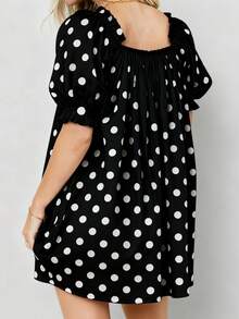 Women Puff Sleeve Nightdress White Black Dotted Print Geometric Neck Sleepwear With Long Ribbon Bow Short Sleeve Pajama Dress - 黑色 - 查看 2