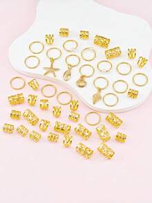 47pcs Ocean Style Hair Rings With Golden Starfish, Conch, Shells & White Pearls - Assorted Shape Summer Adjustable Coastal Boho Jewelry For Braids,Hair Claws - Gold - View 4
