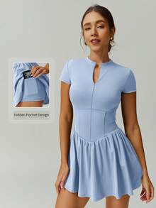 NcmRyu 1pc Women's Fitted Tennis/Running Sports Romper With Built-In Pocket Lining - Baby Blue - View 1