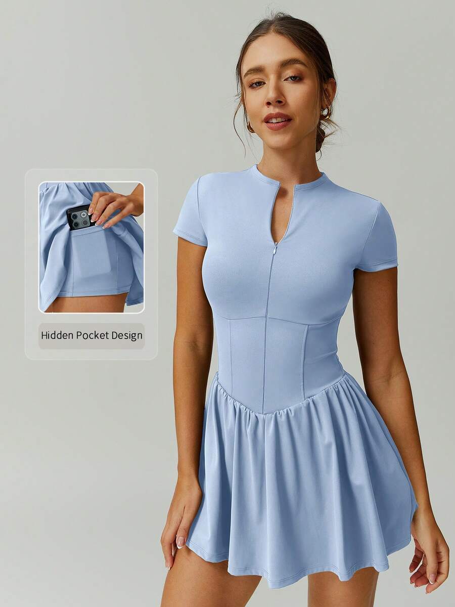 NcmRyu 1pc Women's Fitted Tennis/Running Sports Romper With Built-In Pocket Lining - Baby Blue - View 1