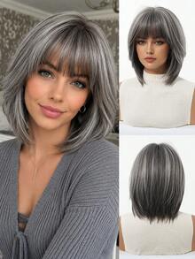 12 Inch Dark Grey Short Bob Synthetic Wig With Bangs, Elegant & Stylish, Heat Resistant Fiber, Easy To Wear For Women, Suitable For Daily Looks, Party, Halloween & Christmas - Grey - View 12